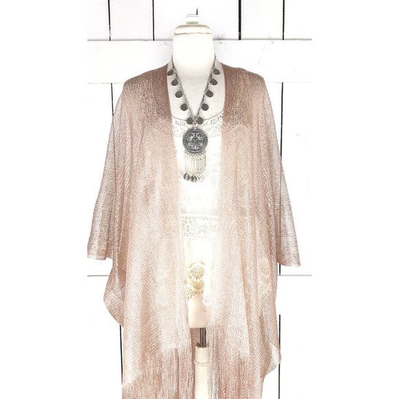 Rose gold metallic mesh kimono cover up fringe jacket - Picture 2 of 6